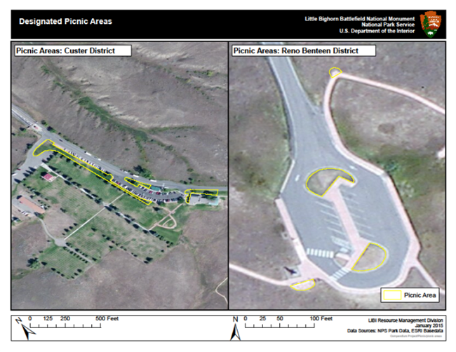 Maps mark in yellow where picnicking is allowed within Little Bighorn Battlefield's Custer and Reno Benteen Districts.