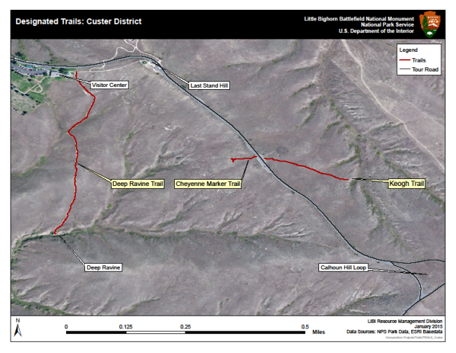 A map detailing walking trails located in the Custer District. Trails include Deep Ravine, Cheyenne Marker Trail, and Keogh Trail