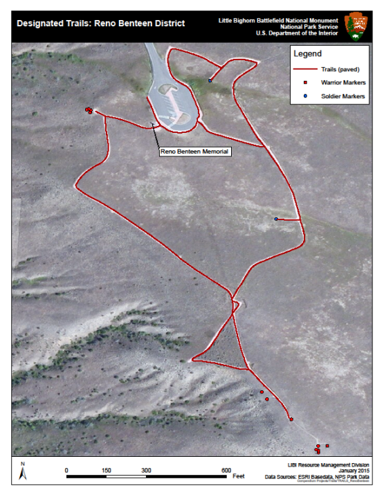 A map detailing the designated trails found in the Reno Benteen District. Pathways connect the Reno Benteen Memorial and Encampment and warrior markers found in the site.