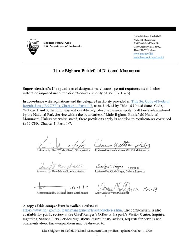 First page of the Superintendent's Compendium showing signatures from park staff.