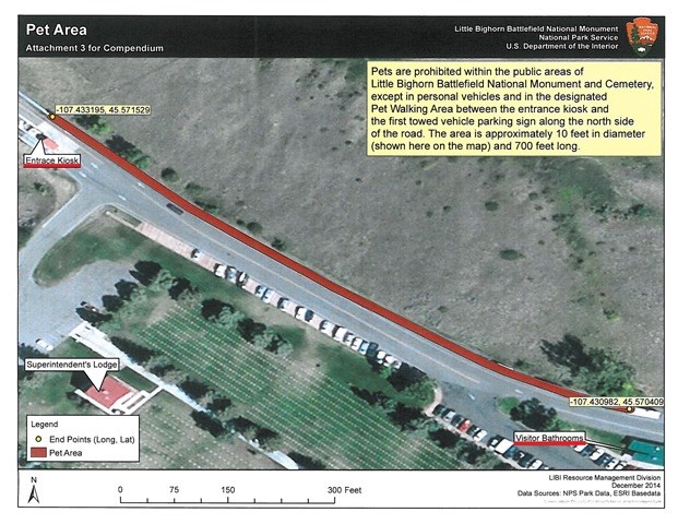 A map showing where pets area allowed within Little Bighorn Battlefield Natiional Monument boundaries. A red line is drawn along the north side of the road between the entrance station and visitor center parking lot.