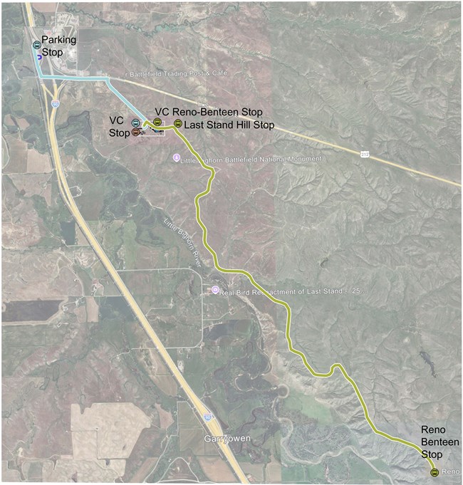 Aerial map view of shuttle routes for Little Bighorn 150 anniversary event. Routes are depicted by a blue line between Parking Stop and VC Stop and a yellow line between VC Stop, Last Stand Hill and Reno Benteen