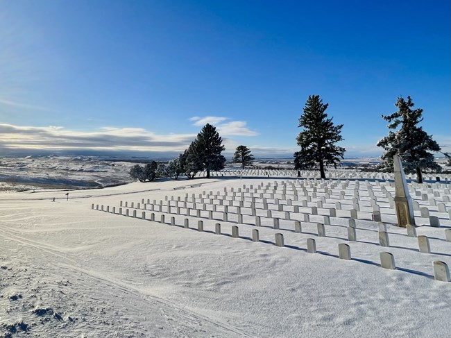 White headstones blend into a snow covered ground.