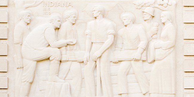 Indiana Sculptured panel on Memorial Visitor Center Indiana Sculptured panel on Memorial Visitor Center