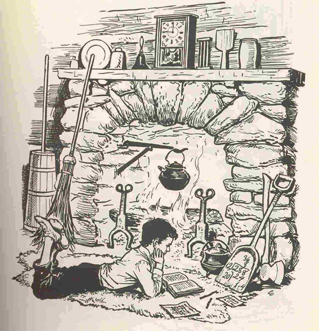 Drawing of Abraham Lincoln reading by the fireplace.