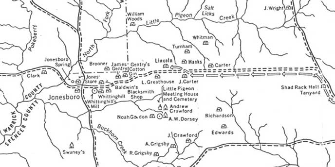 Line drawing map of Spencer and Warrick County Indiana showing roads, streams and building locations.  Homes are marked with a picture of a house and owner's first initial and  last name.