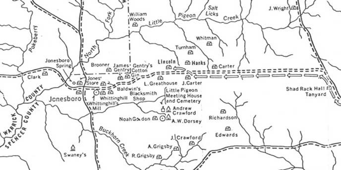 Line drawing map of Spencer and Warrick County Indiana showing roads, streams and building locations.  Homes are marked with a picture of a house and owner's first initial and  last name.