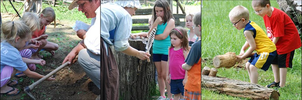 3 kids and 1 adult planting seeds, 1 adult holding corn cob dart and talking to 4 kids, two young boys using maul to split log