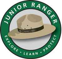 Ranger hat in grey center, Green band outline. Text reads, Junior Ranger, Explore, Learn, Protect