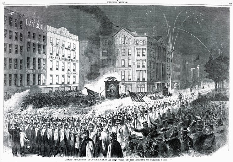 A black and white sketch of a procession in a city. The people in the parade carry torches and wear capes and hats.