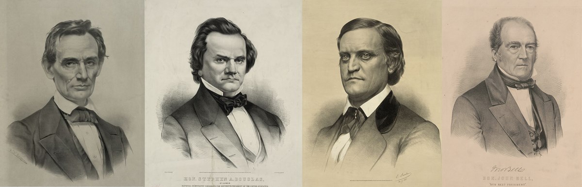 Portraits of Abraham Lincoln (thin face, sharp cheekbones), Stephen Douglas (thick, long hair and rounder younger face), John C. Breckinridge (middle aged, with dark hair parted to the right), and John Bell (older, short gray hair)