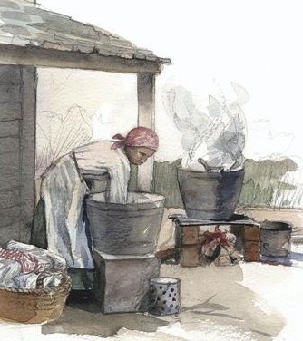 African American woman doing laundry with large tub