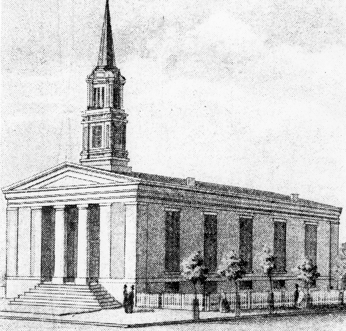 engraving of a long building with steps leading up to a pillared front entrance. A tower with a spire is located on the front roof.