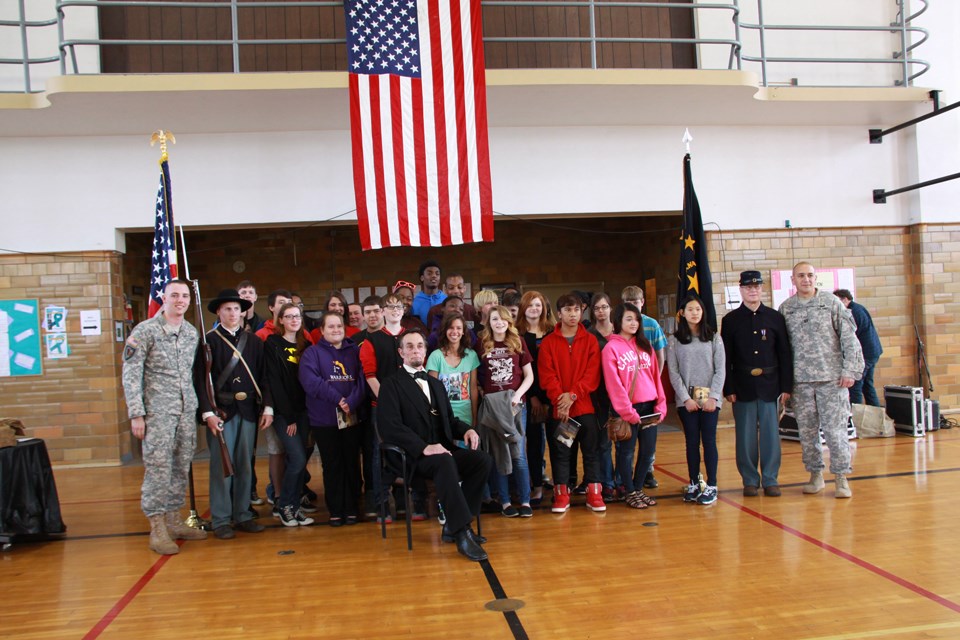 Journey-Home-Lincoln-with-students-and-national-guardsmen-in-Michigan-City-Indiana