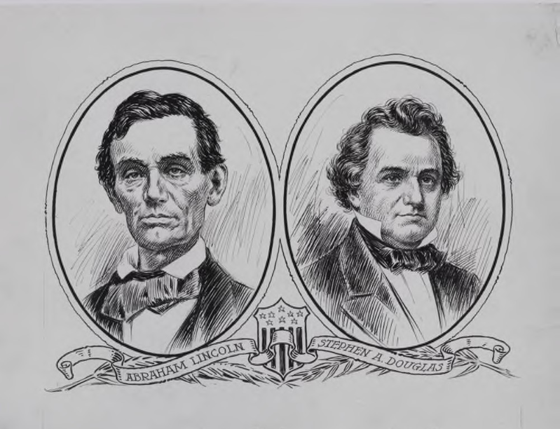 Drawings of Portraits of Abraham Lincoln (thin face with sharp cheekbones and short dark hair) and Stephen Douglas (rounder face, slightly longer hair that grows out and sideways)