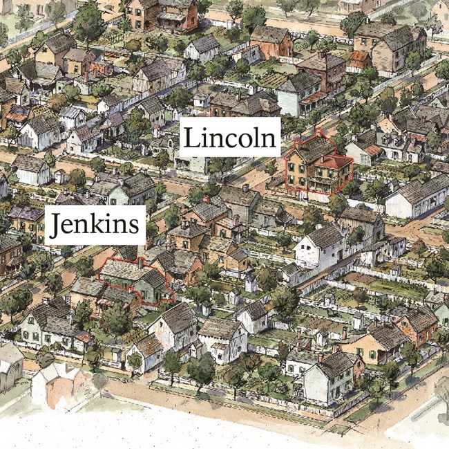 Aerial View of properties around Lincoln Home. Lincoln Home and a house across the street and four houses south of Lincoln Home outlined in red. House outlined in red labelled "Jenkins"