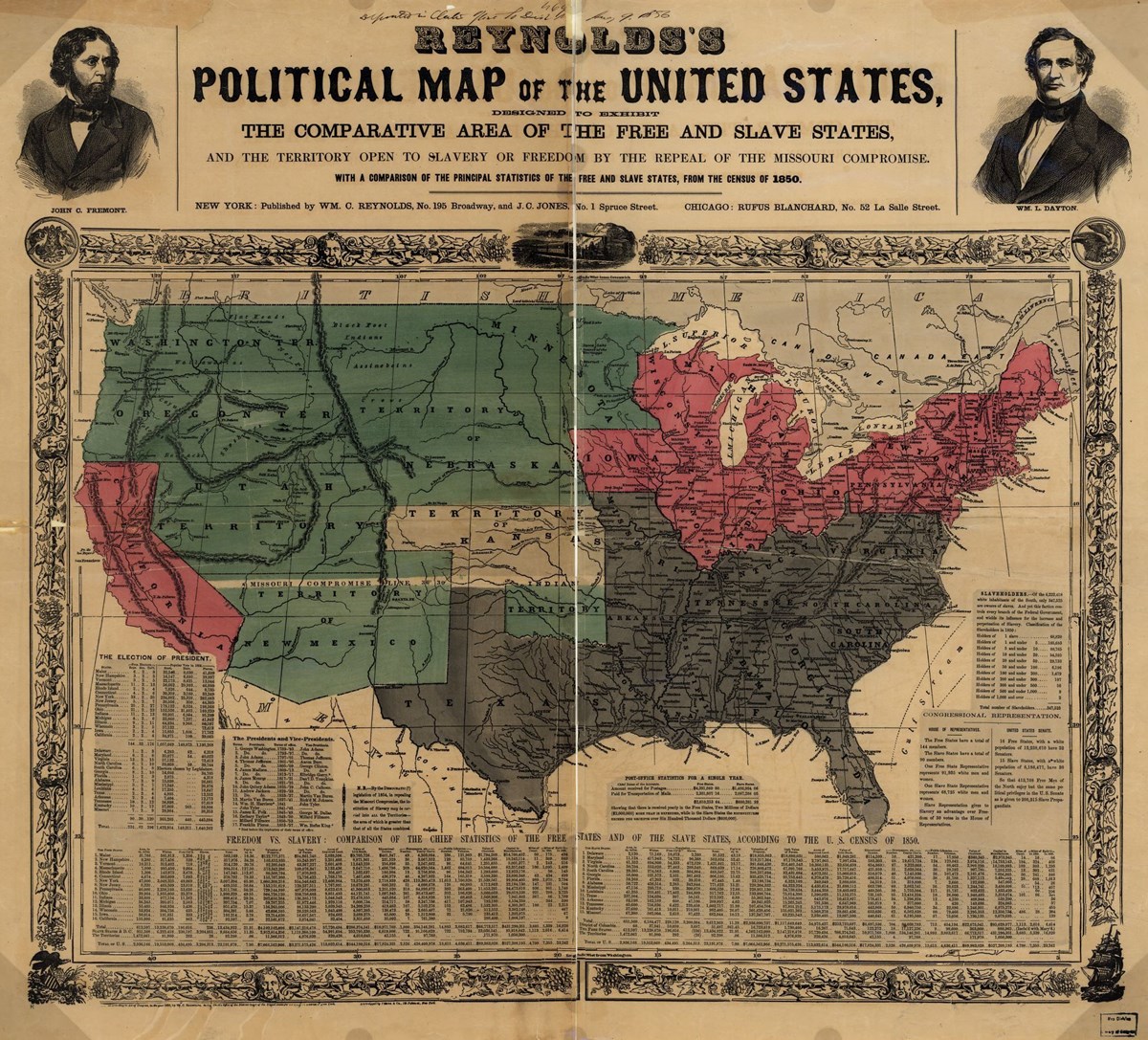 Map of the US in 1856, colored to show the northern/free states, southern/slave states, and territories (mostly in north central, and western US). The Missouri compromise line is also shown cutting between the Utah, New Mexico, and Kansas territories