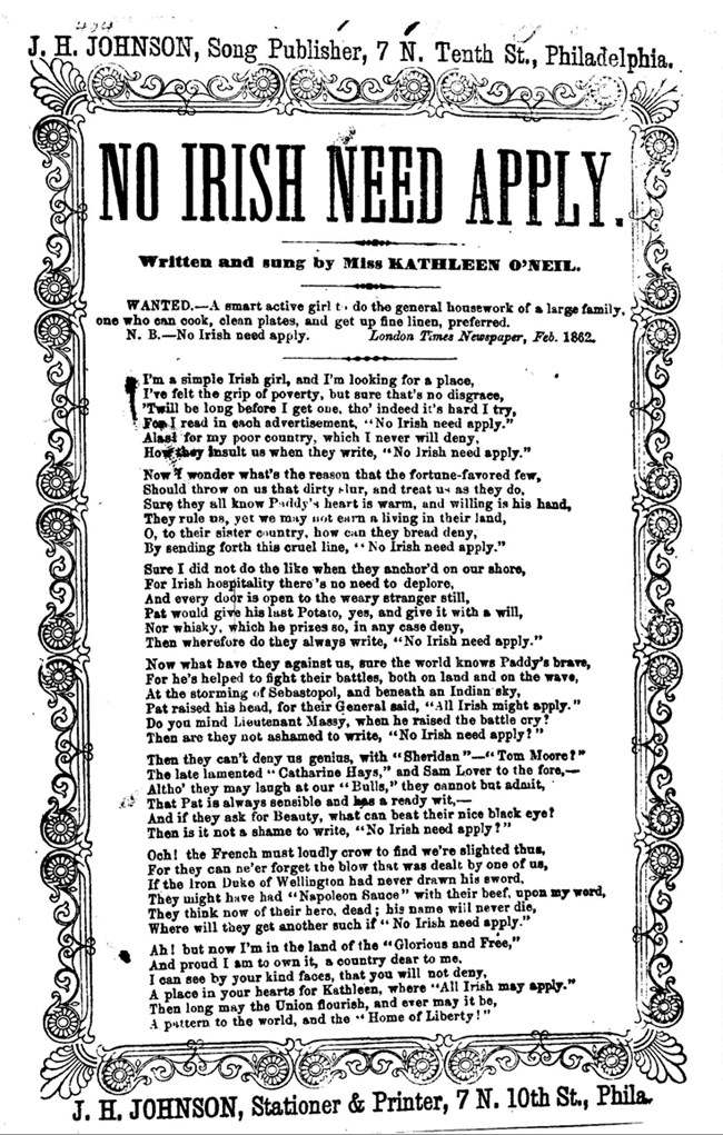 Poem with title "No Irish Need Apply" by Kathleen O'Neil. Poem laments how an Irish girl feels upon seeing a advertisement for a hired help with the addition "No Irish need apply"