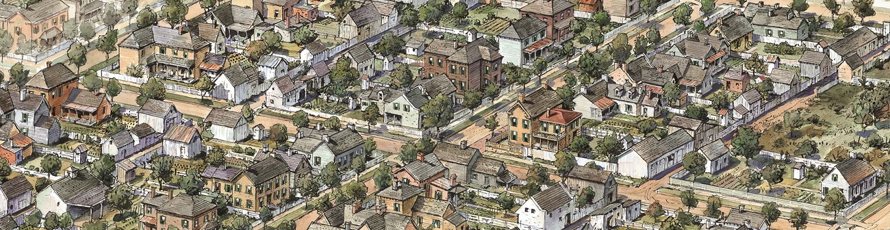 Painting of aerial view of blocks around the Lincoln Home