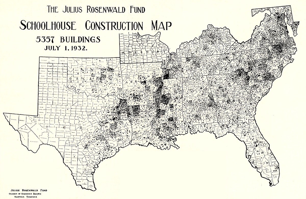 Map of southeast united states, with dots showing locations of Rosenwald Schools, most concentrated in the deep south, especially west Mississippi, east Texas, northwest Louisiana, the Carolinas, and the coast of Virginia and Maryland