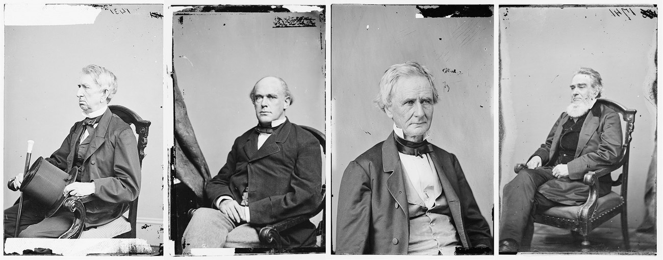 Portraits of William H. Seward (older, long gray hair cut short and swept to the side, holding cane), Salmon P. Chase (middle aged, balding on top), Simon Cameron (older, gray hair), Edward Bates (middle aged, full white beard and darker hair)