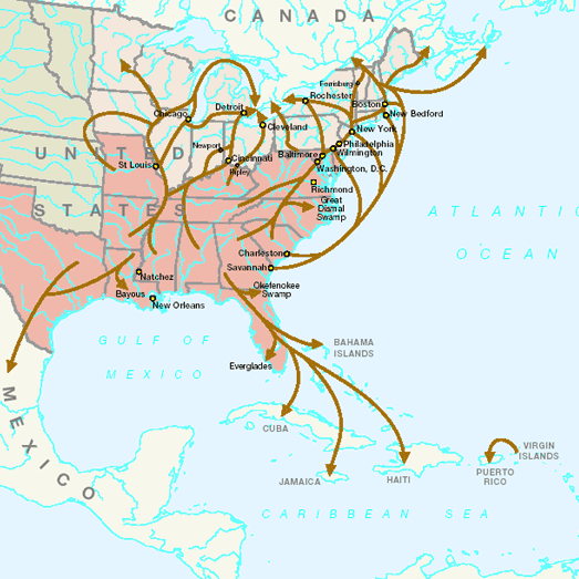 Map of eastern United States with arrows showing routes of the Underground Railroad from southern states north to northern states and Canada, and south to Mexico and the Caribbean