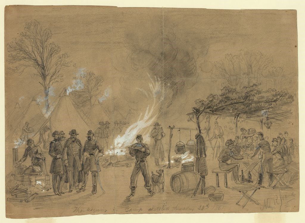 Sepia drawing of union soldiers in a camp with tents, a large campfire, pots over a cooking fire, and soldiers around tables under a crude shelter