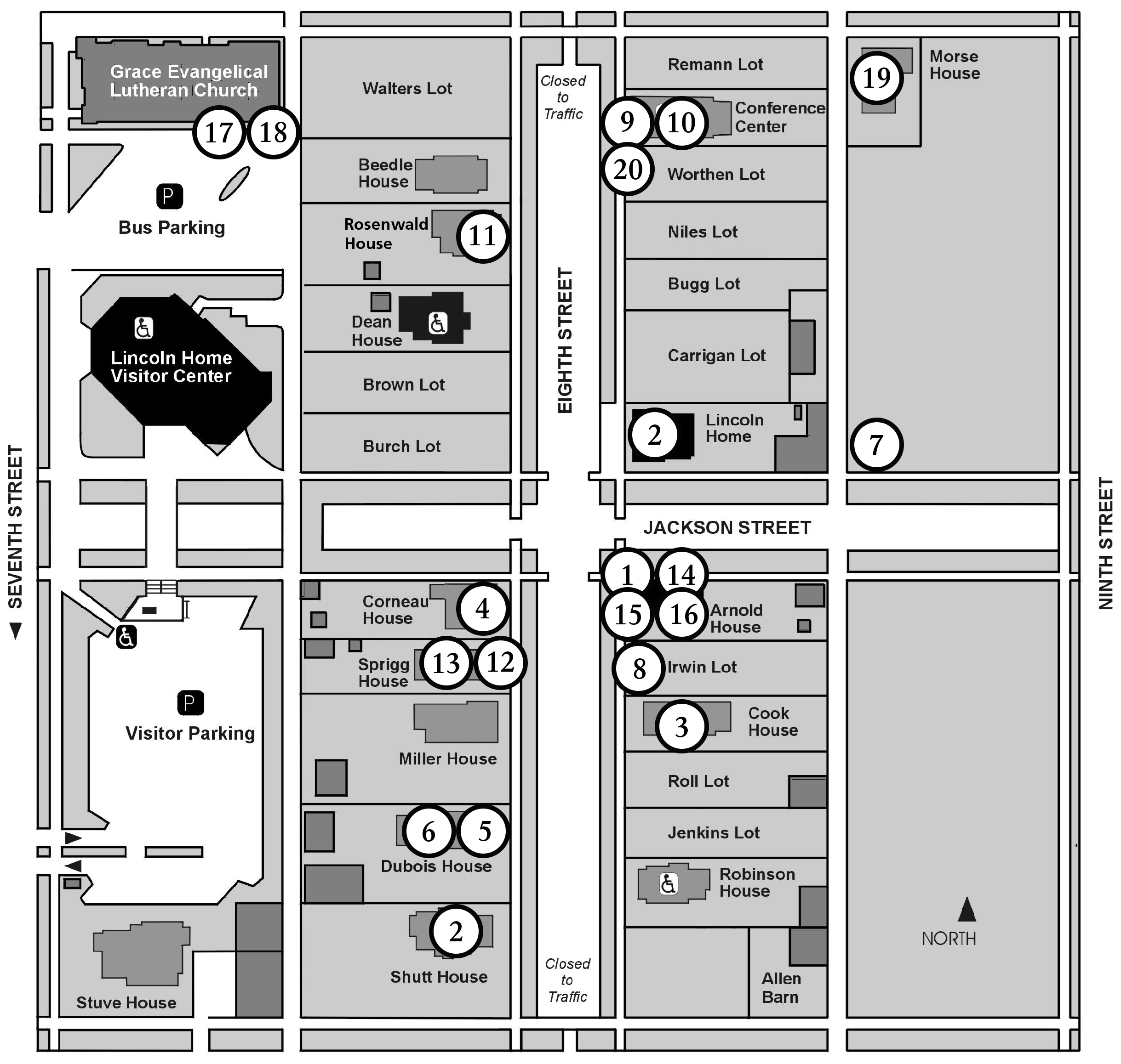 Aerial Map of site, with different numbers: 17 & 18 are in northwest; 9, 10, 20 in north center; 19 in northeast; 2 in center at Lincoln Home, 1, 14, 16, 15, 8, 3 are in center east; 4, 13, 12 center west; 6, 5, 2 are center south