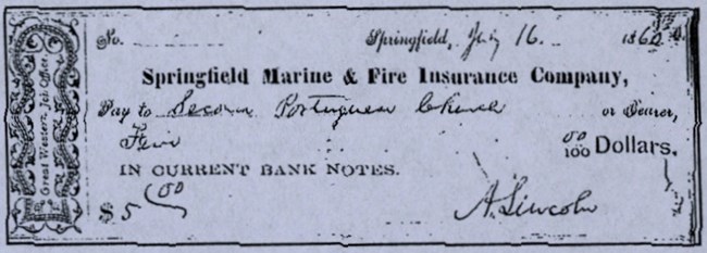 Old fashioned check of $5 paid to the Second Portuguese Church, signed by Abraham Lincoln