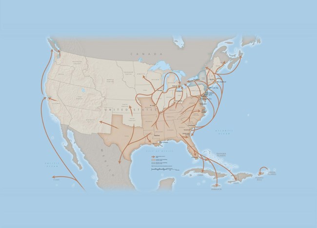 map of routes of the Underground Railroad in the United States. Routes start in the south and southeast USA and move north to Canada or south to Mexico and the Carribbean