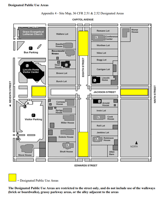 Aerial Map of Lincoln Home NHS with designated public use areas highlighted: Northern third of 8th street, southern third of 8th street, area of Jackson Street southeast of Visitor Center between Visitor Center and parking lot, and the Eastern edge of Jac