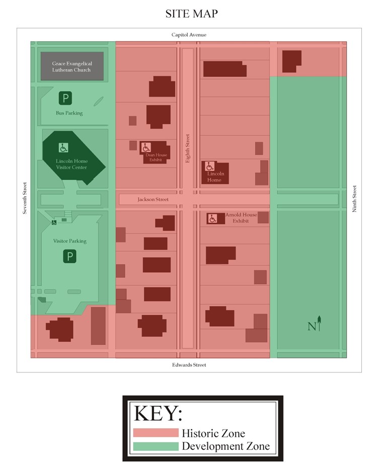 Map of Lincoln Home NHS. Following areas are labeled as the "Development Zone": Western and Eastern edges of the park encompassing Grace Evangelical Lutheran Church, the Bus & Visitor Parking, & Visitor Center. Rest of site is under "Historic Zone"