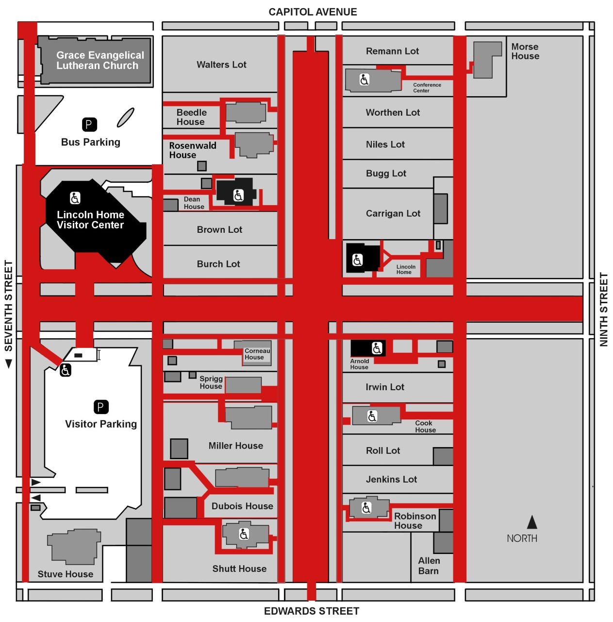 Map of Lincoln Home NHS with non-compliant surfaces highlighted. Only compliant surfaces are sidewalks along Capitol Ave., 9th St., Edwards St.; the east-west walkway from 7th St. past the north end of the parking lot, & the walkway east of the church
