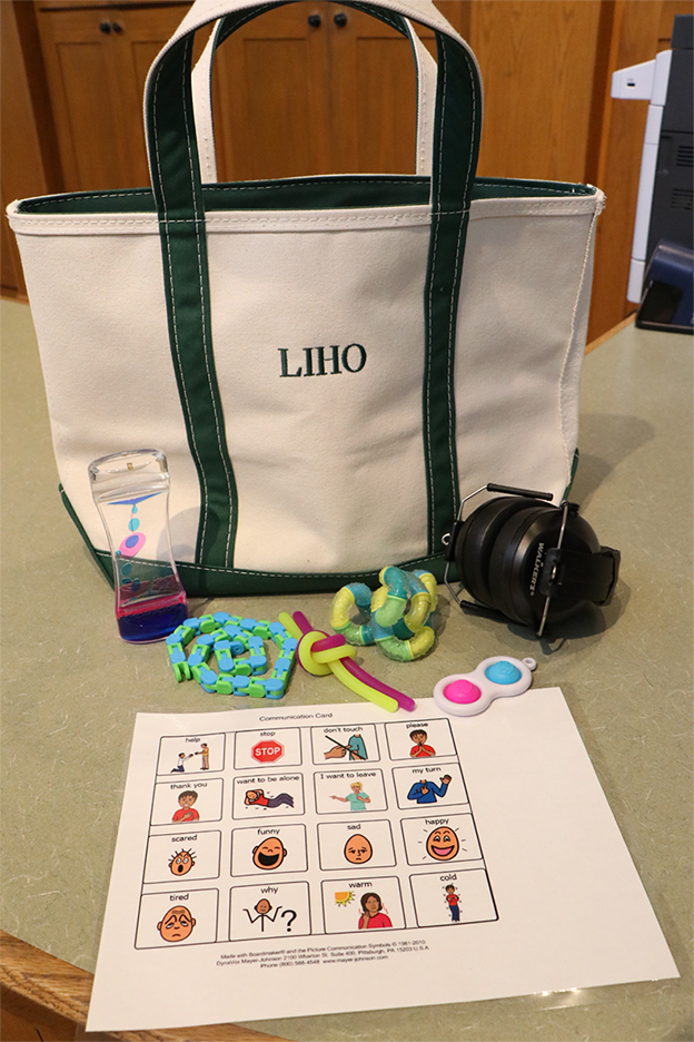 Bag with "LIHO" embroidered on it, with earmuffs, fidget tools, and communication cards