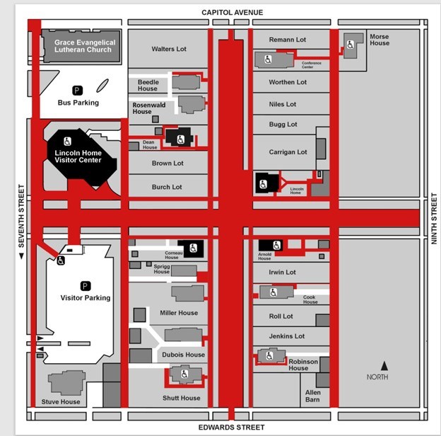 An overview map of the Lincoln Home site. Non-ABAAS compliant surfaces are highlighted in red. White pathways indicate ABAAS Compliant surfaces.