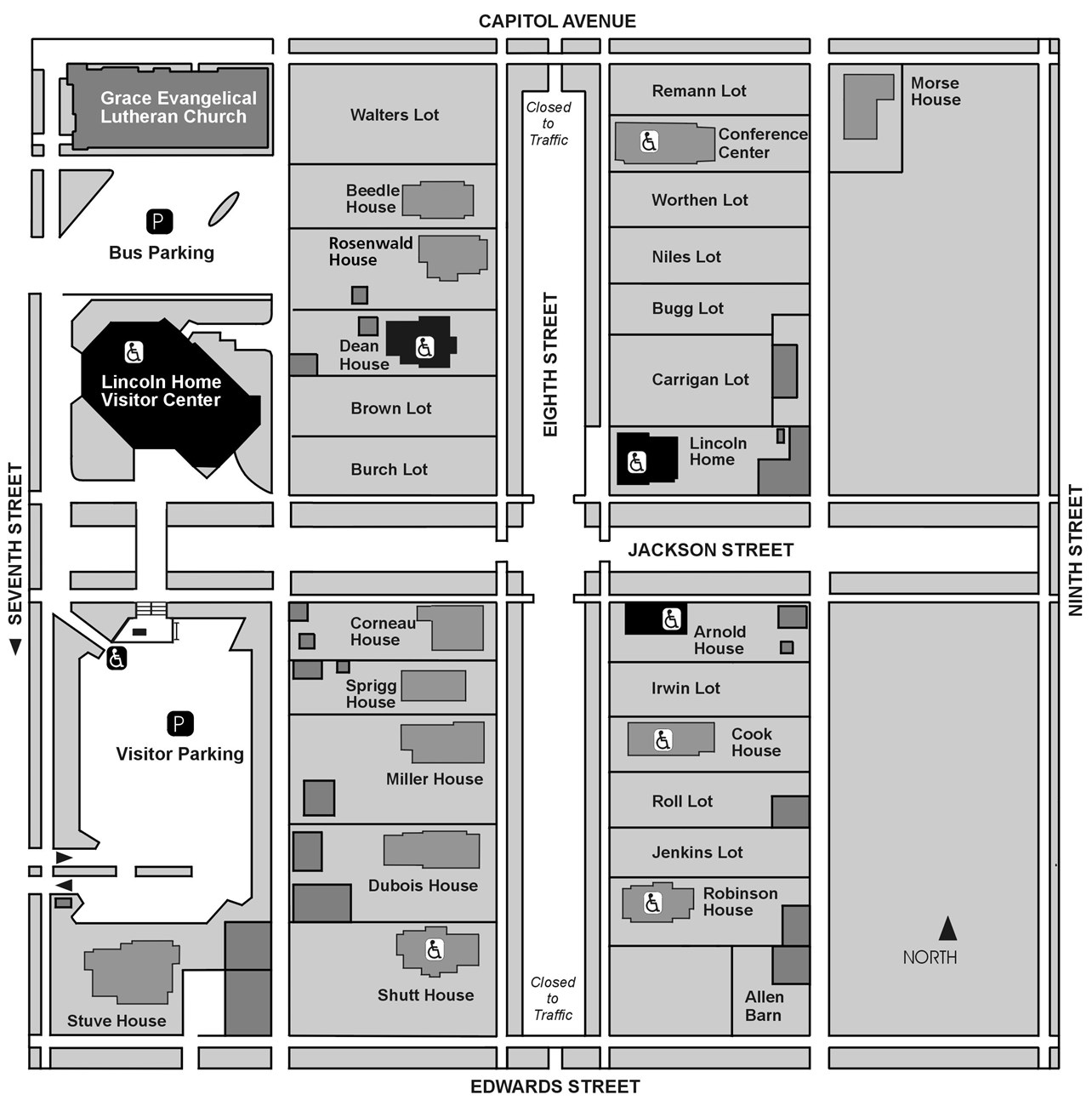 Map of site. Area is 4 square blocks with 8th St running north-south & Jackson St running East-West. Lincoln Home is at the NE corner of intersection, visitor center is north of Jackson on west end. Parking lot is south of the visitor center.