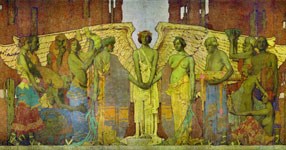angle joining the hands of those standing next to her. golden wings behind them