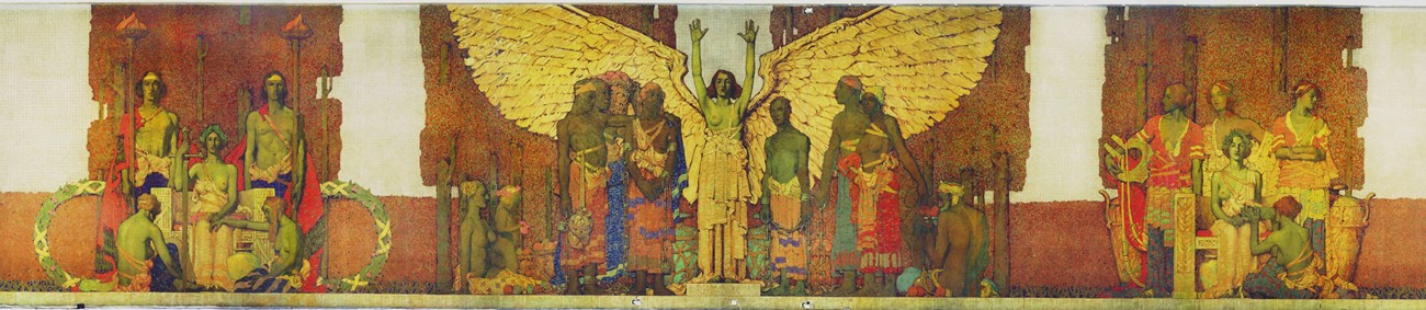 Three clusters of allegorical figures. In the center a winged female figure raises her hands with wings spread, with slaves on either side of her.