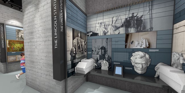 A 3d rendering of an exhibit space with information about Abraham Lincoln.
