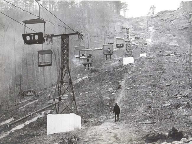 A black and white picture of the chairlift after construction.