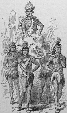 A black and white sketch of a Coosa Native American chief carried on a chair borne by four other natives.