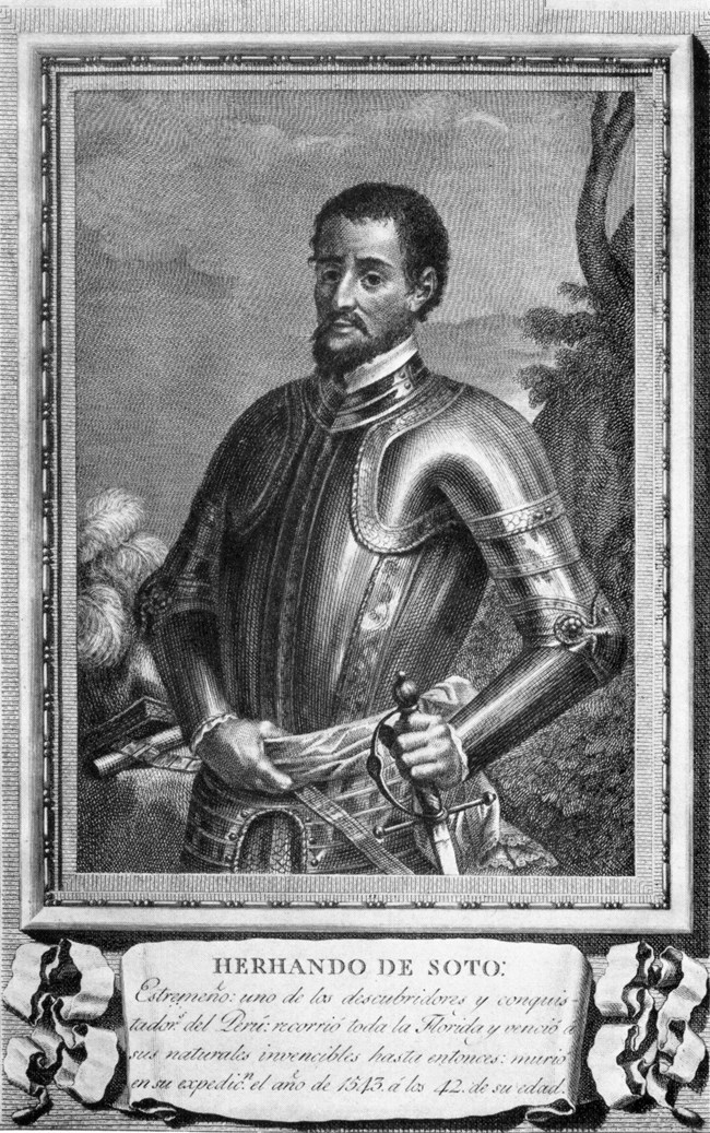 Wood engraving black and white print portrait of Hernando De Soto