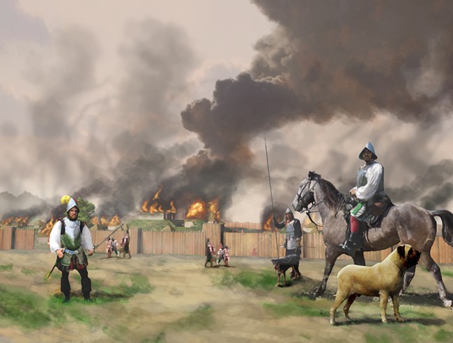 Color art of Spanish conquistadors burning the fortified Mobilian city of Mabila.