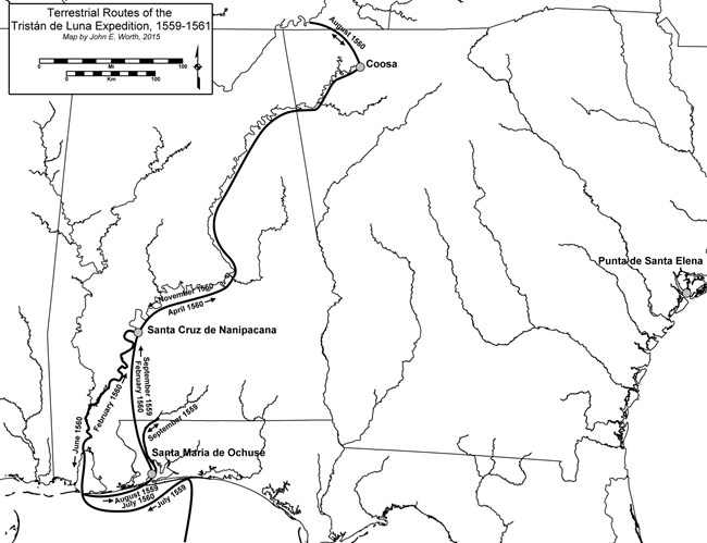 A modern black and white map of the de Luna expeditions journey through Alabama and into Georgia.