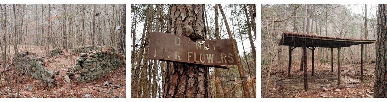 Three pictures of remains of Canyon Land Park & Zoo - partial rock walls, a faded sign reading "Do Not Pick Flowers", and a covered patio.