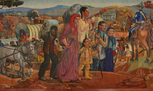 Painting of Cherokee Indians leaving their homes under the watch of a soldier.