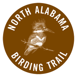 Brown logo with a white bird in the center and the words North Alabama Birding Trail around the edges