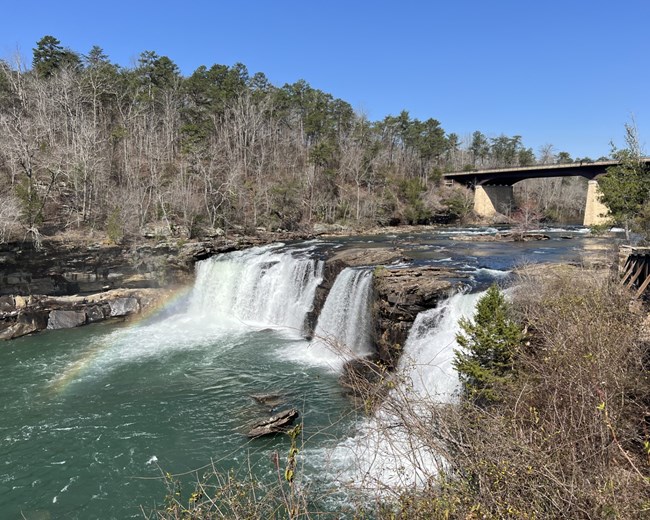 waterfalls going over rocks with bare trees in the background