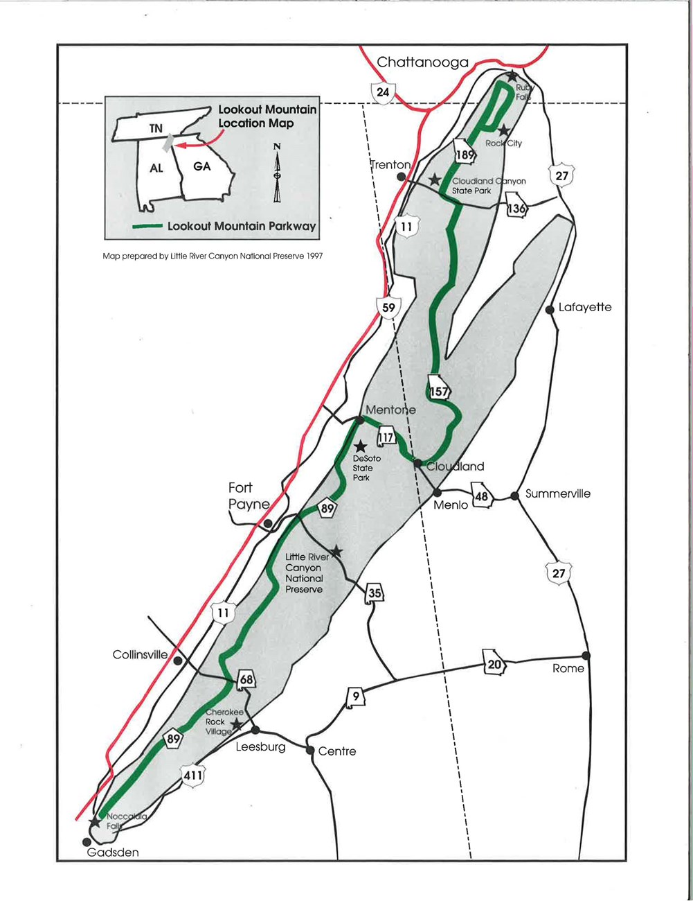 A map of the Lookout Mountain Parkway and sights to be seen along the route.