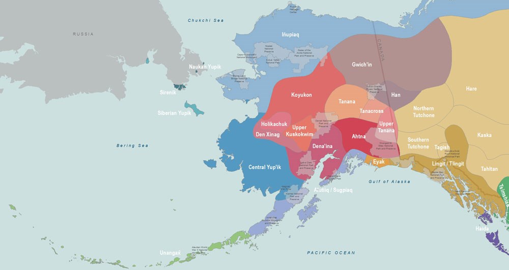 a map of alaska with overlays indicating national parks and linguistic groups of alaska natives